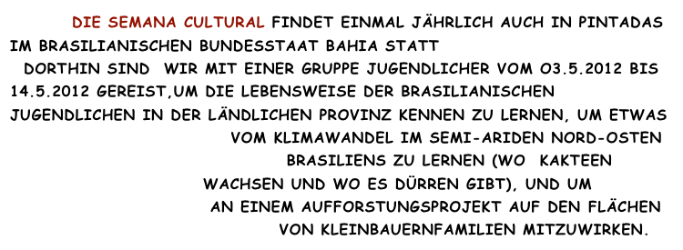          Die Semana Cultural findet einmal jährlich auch in Pintadas im brasilianischen Bundesstaat Bahia statt www.pensarfilmes.com
  Dorthin Sind  wir mit einer Gruppe Jugendlicher vom o3.5.2012 bis 14.5.2012 gereist,um die Lebensweise der brasilianischen Jugendlichen in der ländlichen Provinz kennen zu lernen, um etwas   
                                vom Klimawandel im semi-ariden Nord-Osten 
                                        Brasiliens zu lernen (wo  Kakteen          
                            wachsen und wo es Dürren gibt), und um  
                             an einem Aufforstungsprojekt auf den Flächen 
                                       von Kleinbauernfamilien mitzuwirken. 